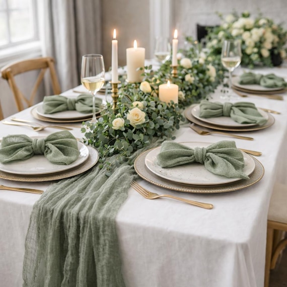 Musselin olivgrüner Gaze Läufer für Boho Hochzeiten, Tischläufer Hochzeit, Tischläufer Hochzeit, Tischdekoration, Cocktail Servietten