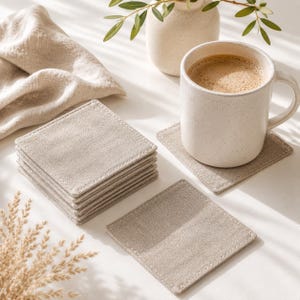 May include: A stack of square, beige coasters with stitched edges sits next to a matching coaster under a white mug filled with coffee. A beige linen napkin and a small vase with greenery are also in the image.