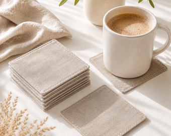 Square Linen Coasters, Linen Drink Coasters Set, Neutral Table Decor, Rustic Linen Cup Coasters, Farmhouse Coasters