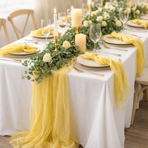 Chemin de table en gaze jaune pour décoration de mariage rustique, chemin en étamine bohème pour tables de réception et ensemble de serviettes