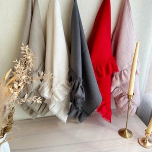 Linen kitchen towels for farmhouse decor, Ruffled tea towels in soft washed linen, Custom tea towels, Bulk linen hand towels available image 2