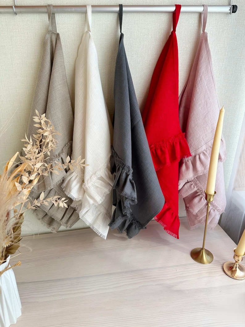 Linen kitchen towels for farmhouse decor, Ruffled tea towels in soft washed linen, Custom tea towels, Bulk linen hand towels available image 2