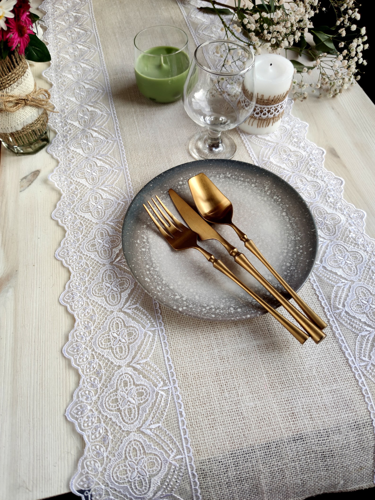 Wedding Table Runner, Ivory Burlap Table Runner With White Lace, Jute ...
