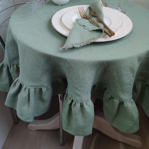 Linen tablecloth for kitchen decor, Custom size cloth in rectangle, oval, or round Sage green boho table cloth Large tablecloth with ruffles image 7