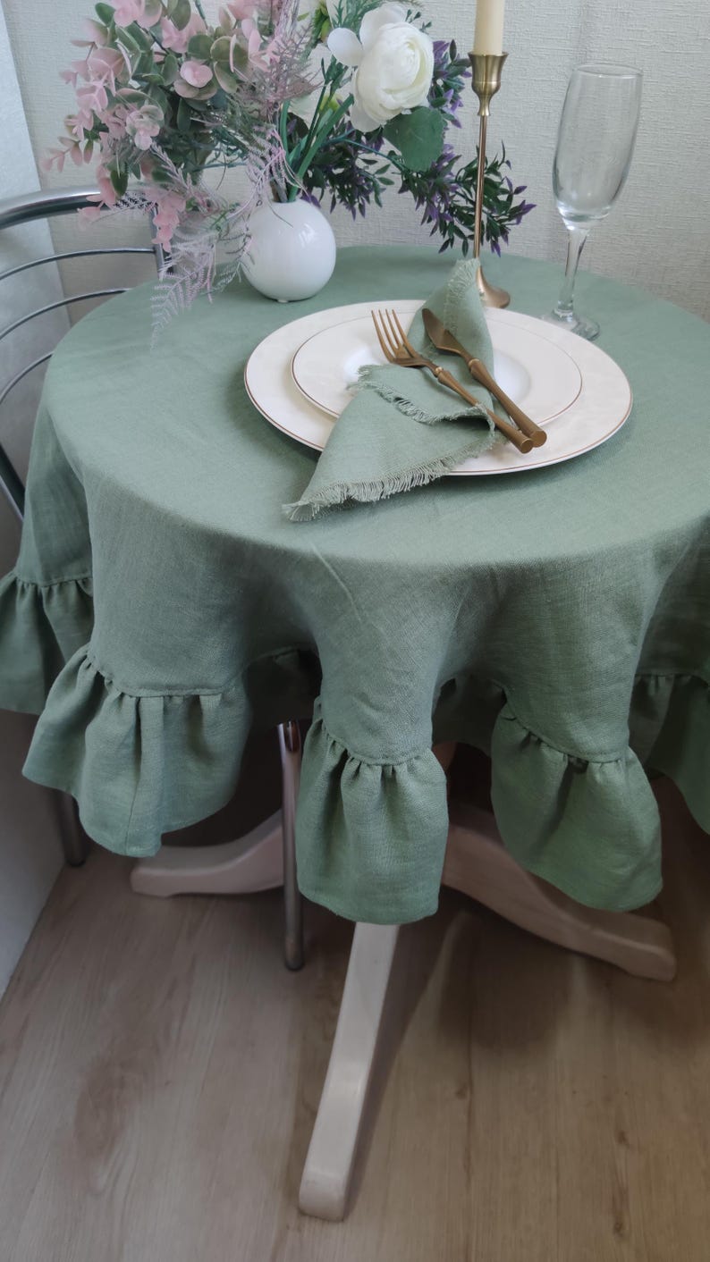 Linen tablecloth for kitchen decor, Custom size cloth in rectangle, oval, or round Sage green boho table cloth Large tablecloth with ruffles image 7