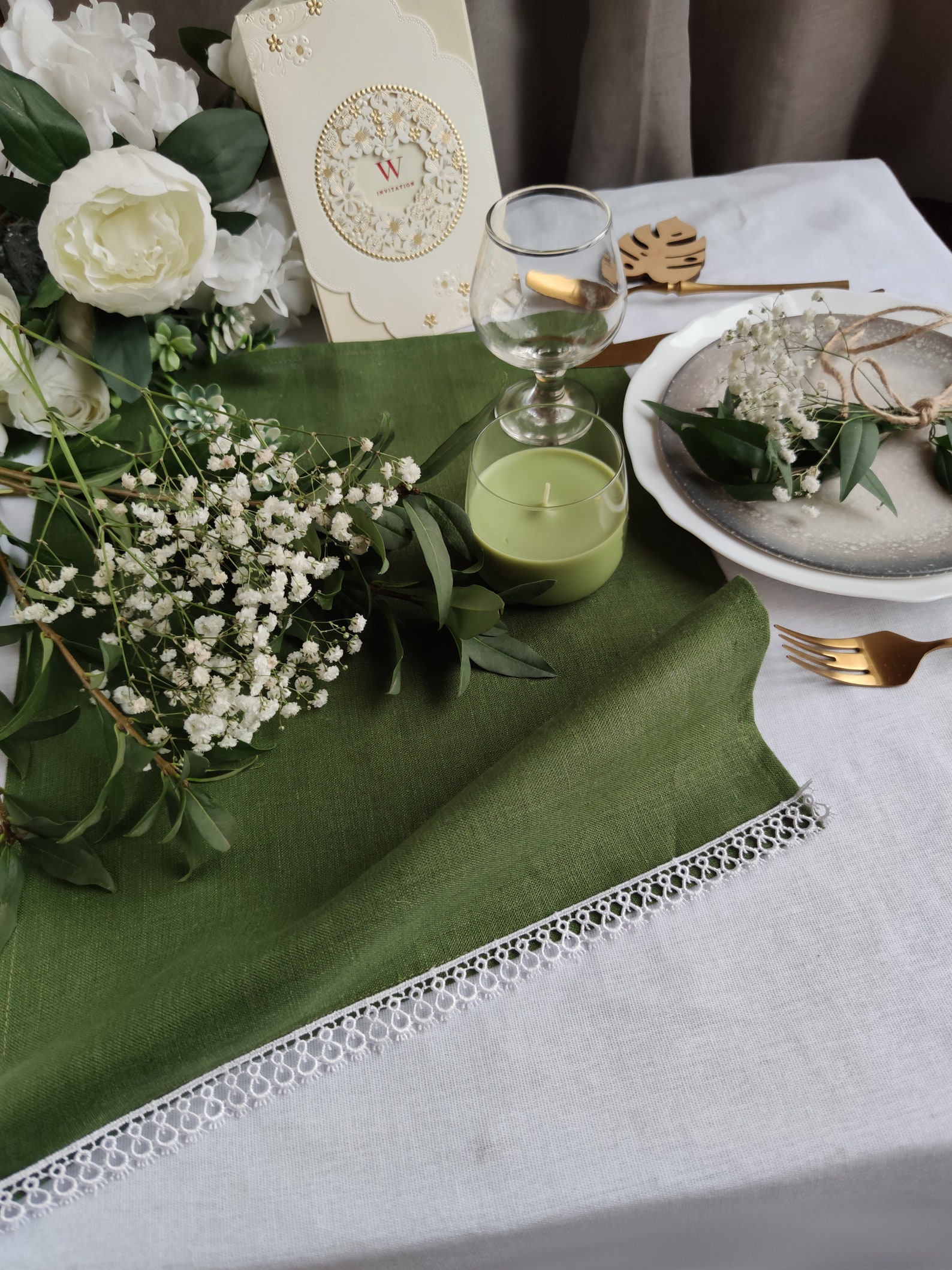 Sage Green Linen Table Runner With White Lace Linen Table Etsy