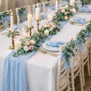 Sky blue gauze table runner and napkins for wedding decor, Cheesecloth boho runner for rustic centerpieces and aisle decor