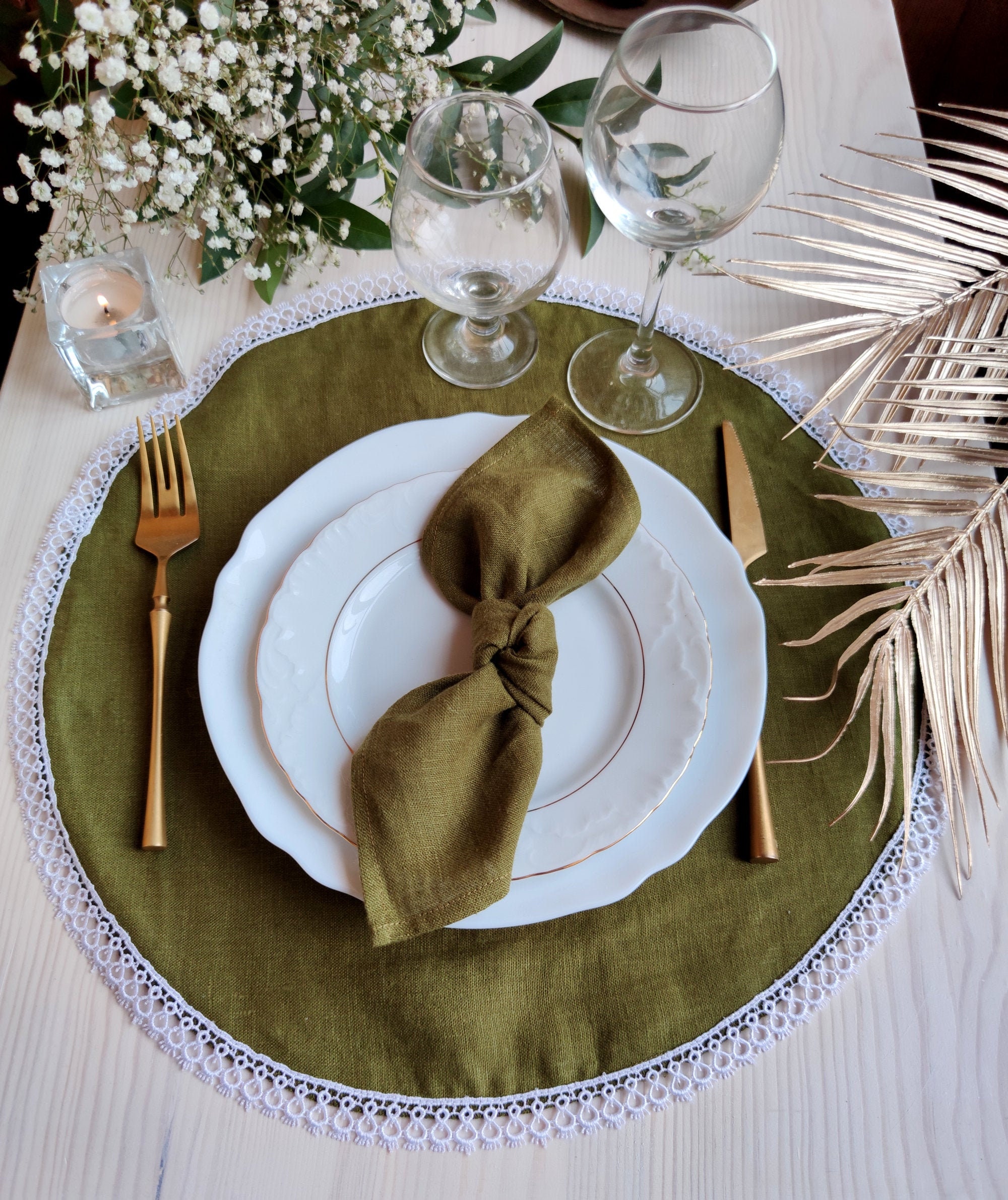 Placemats round table for the wedding Olive green linen Etsy