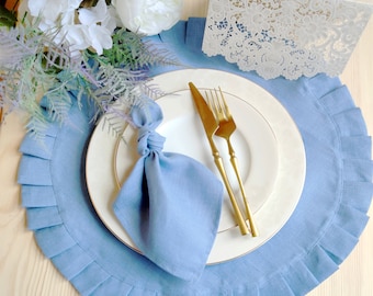 Placemats round table for the wedding, Blue linen placemats, Various colors