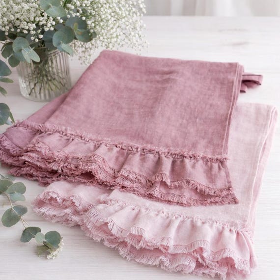 Linen kitchen towels for farmhouse decor, Ruffled tea towels in soft washed linen, Custom tea towels, Bulk linen hand towels available