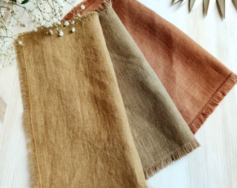 linen napkins bulk, Wedding napkins cloth,  Golden brown napkins, Natural softened fringed linen napkins, LN - 142