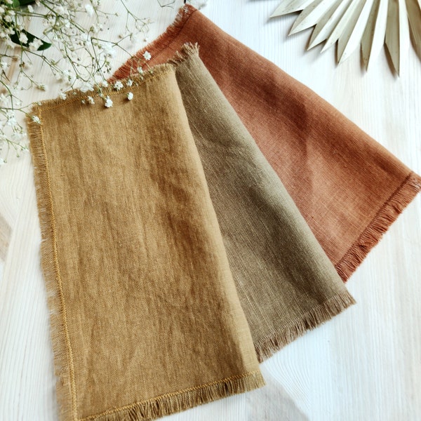 linen napkins bulk, Wedding napkins cloth,  Golden brown napkins, Natural softened fringed linen napkins, LN - 142
