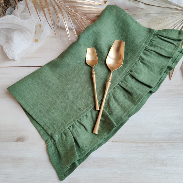 Olive Linen kitchen towels bulk, Linen ruffle tea towel, Soft linen towel, Eco Towel