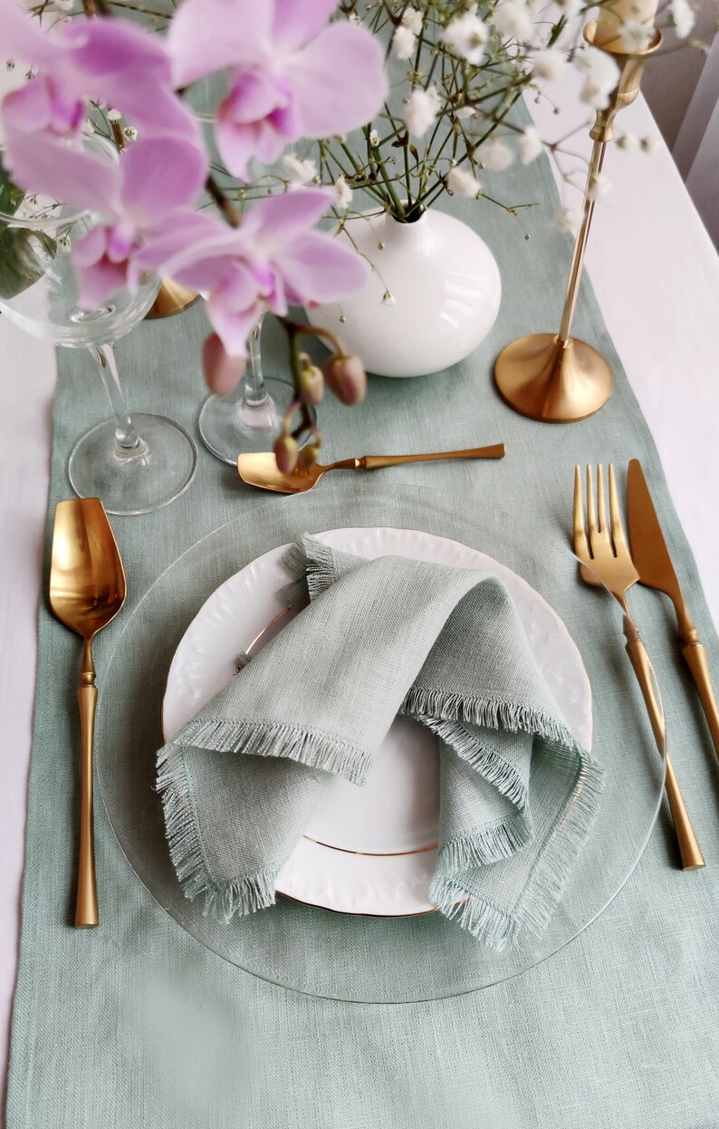 Sage green Linen napkin bulk, Natural softened fringed linen napkins, Wedding napkins, LN 146 image 2