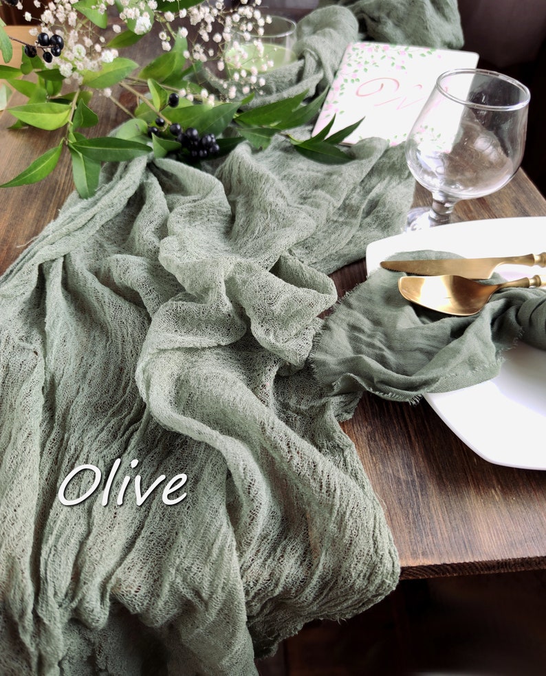 Gauze table runner wedding, Greenery Olive green wedding decor for table centerpiece, Aisle runner wedding, Rustic wedding decor RU-105 image 7