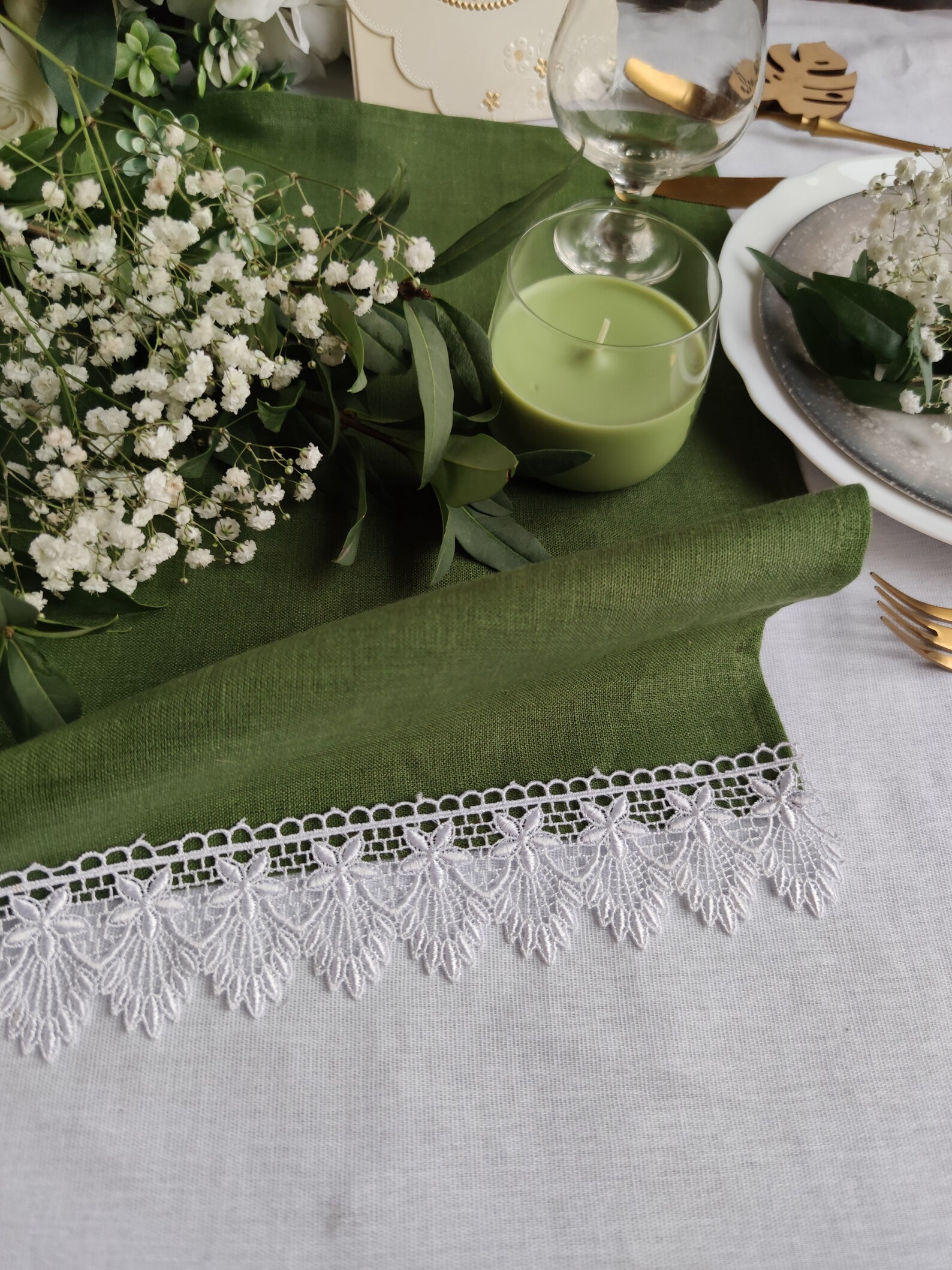 Sage Green Linen Table Runner With White Lace Linen Table Etsy