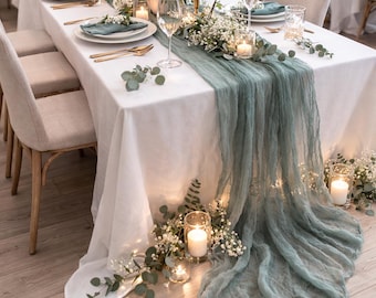 Sage green gauze table runner, Cheesecloth wedding runner and napkins, Boho rustic wedding decor for ceremony and reception