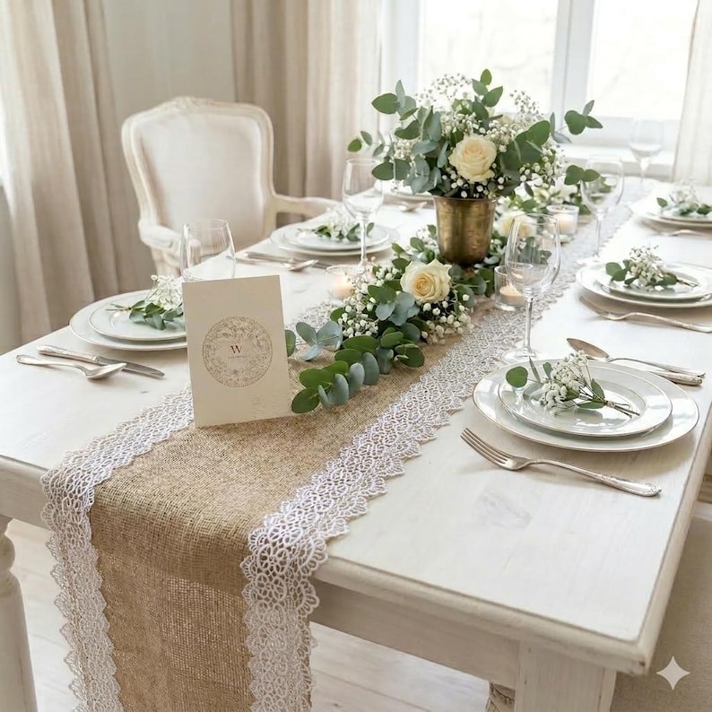 Chemin de table en toile de jute avec dentelle pour décoration de mariage, pièce maîtresse en toile de jute pour une décoration élégante, chemin de terre en jute de ferme, couverture de table personnalisée pour événements image 1