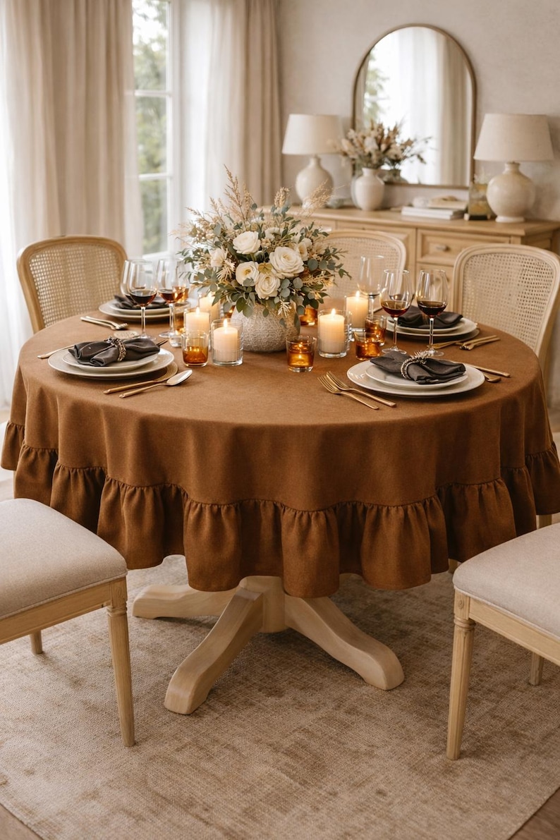 a beautifully set dining table with a brown tablecloth, a vase of flowers, and candles. The table is set with plates, silverware, and glasses, creating an inviting and elegant atmosphere.