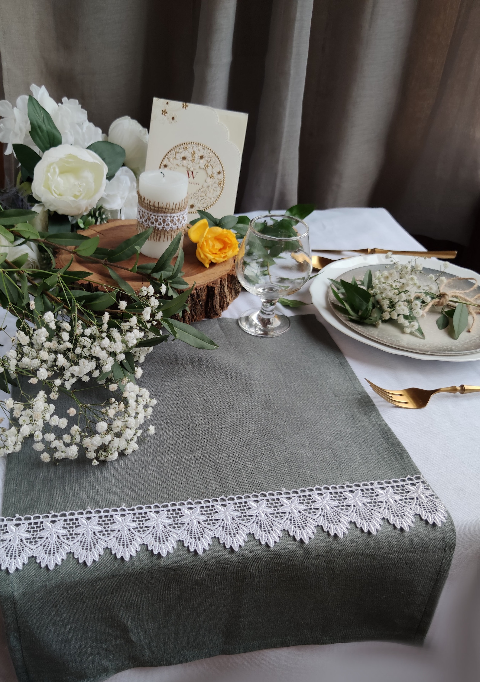 Dark Grey Linen Table Runner With White Lace Linen Table Etsy