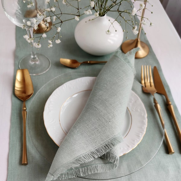Sage green Linen napkin bulk, Natural softened fringed linen napkins, Wedding napkins, LN - 146