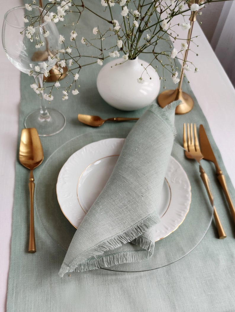 Sage green Linen napkin bulk, Natural softened fringed linen napkins, Wedding napkins, LN 146 image 1