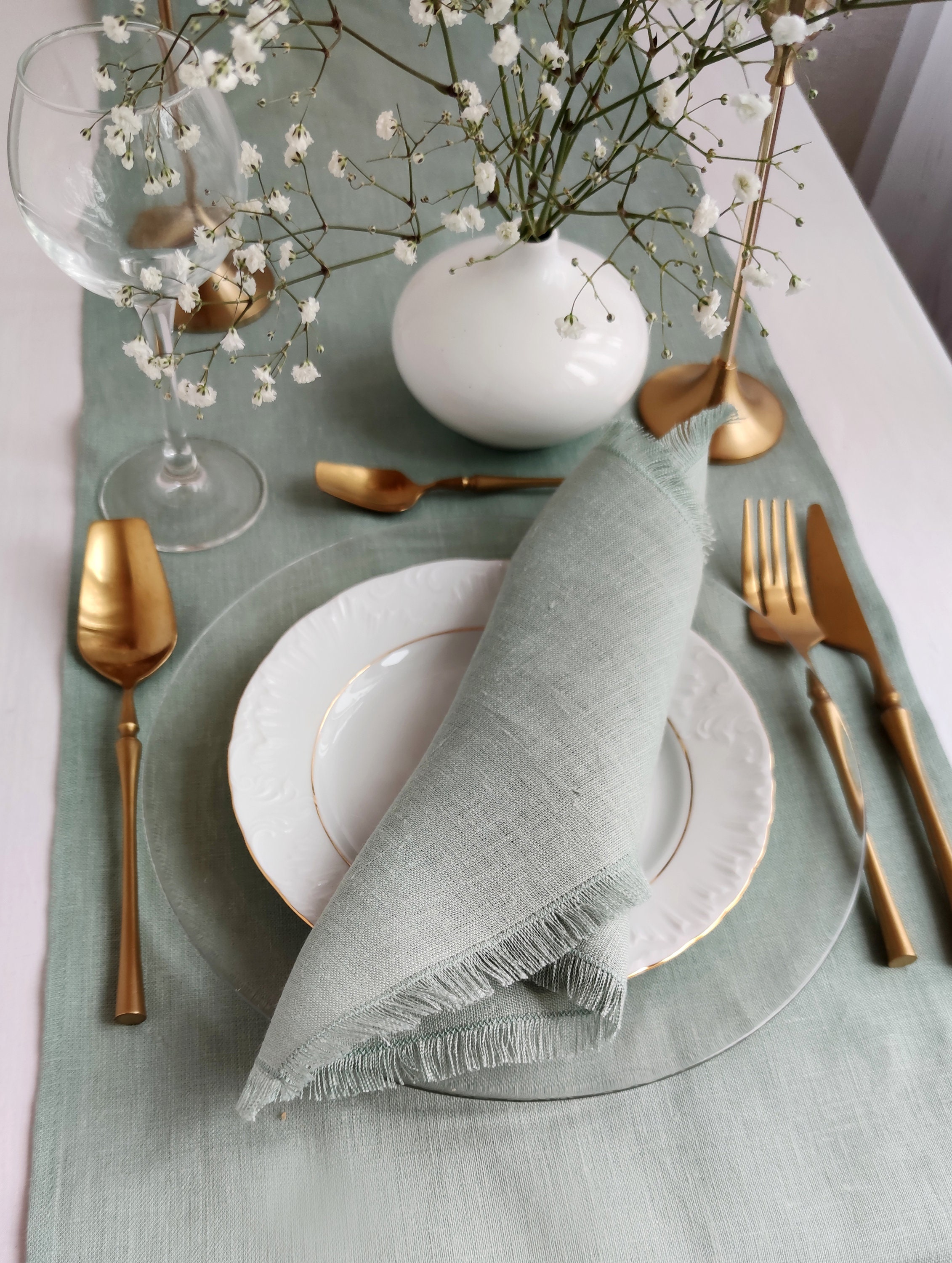 Linen Napkin Bulk, Dark Sage Green Fringed Linen Napkins, Wedding