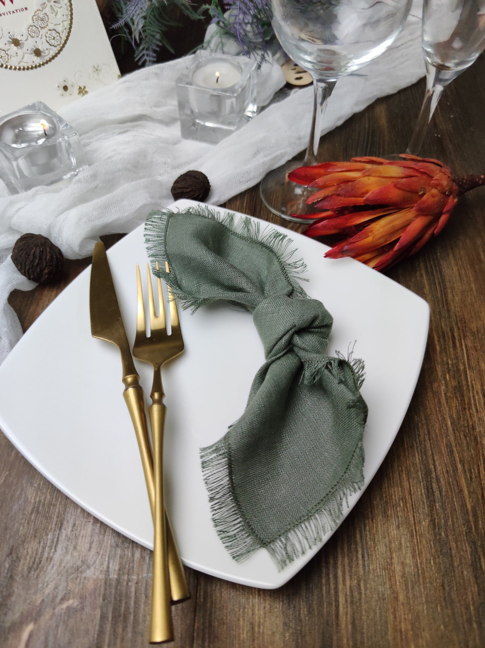 Linen Napkin Bulk Dark Sage Green Fringed Linen Napkins Etsy