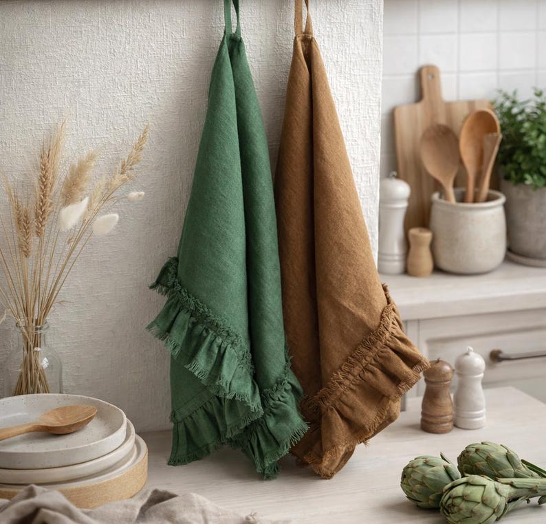 a kitchen counter with two green and brown towels hanging on a rack, along with various kitchen utensils and decor items such as a vase with dried flowers, a wooden cutting board, and a bowl of fresh artichokes.
