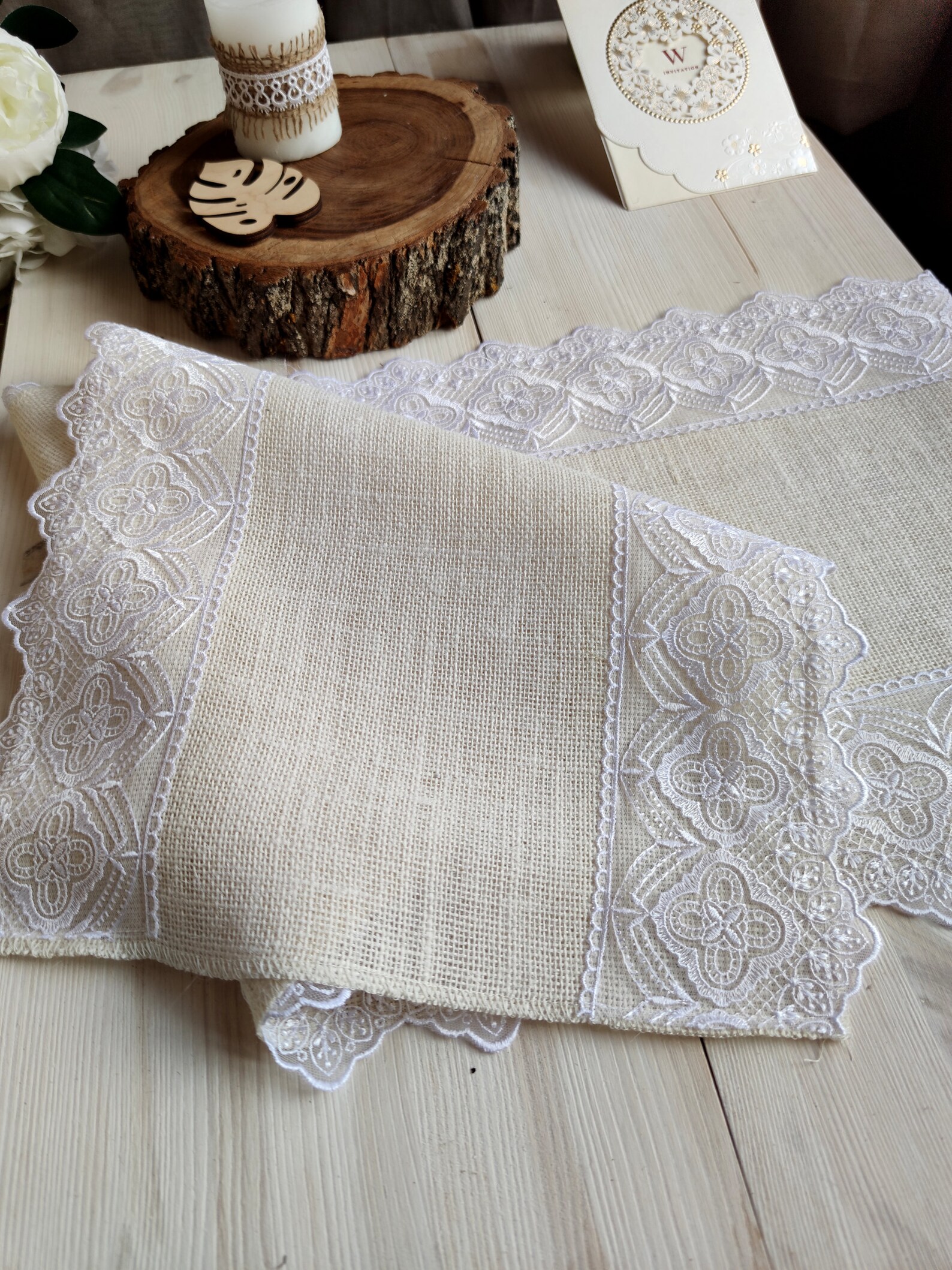 Wedding Table Runner, Ivory Burlap Table Runner With White Lace, Jute ...