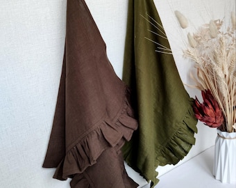 Olive green washed soft linen ruffled tea towel - Handmade kitchen towel Farmhouse tea towels for kitchen decor Linen dish or hand towel