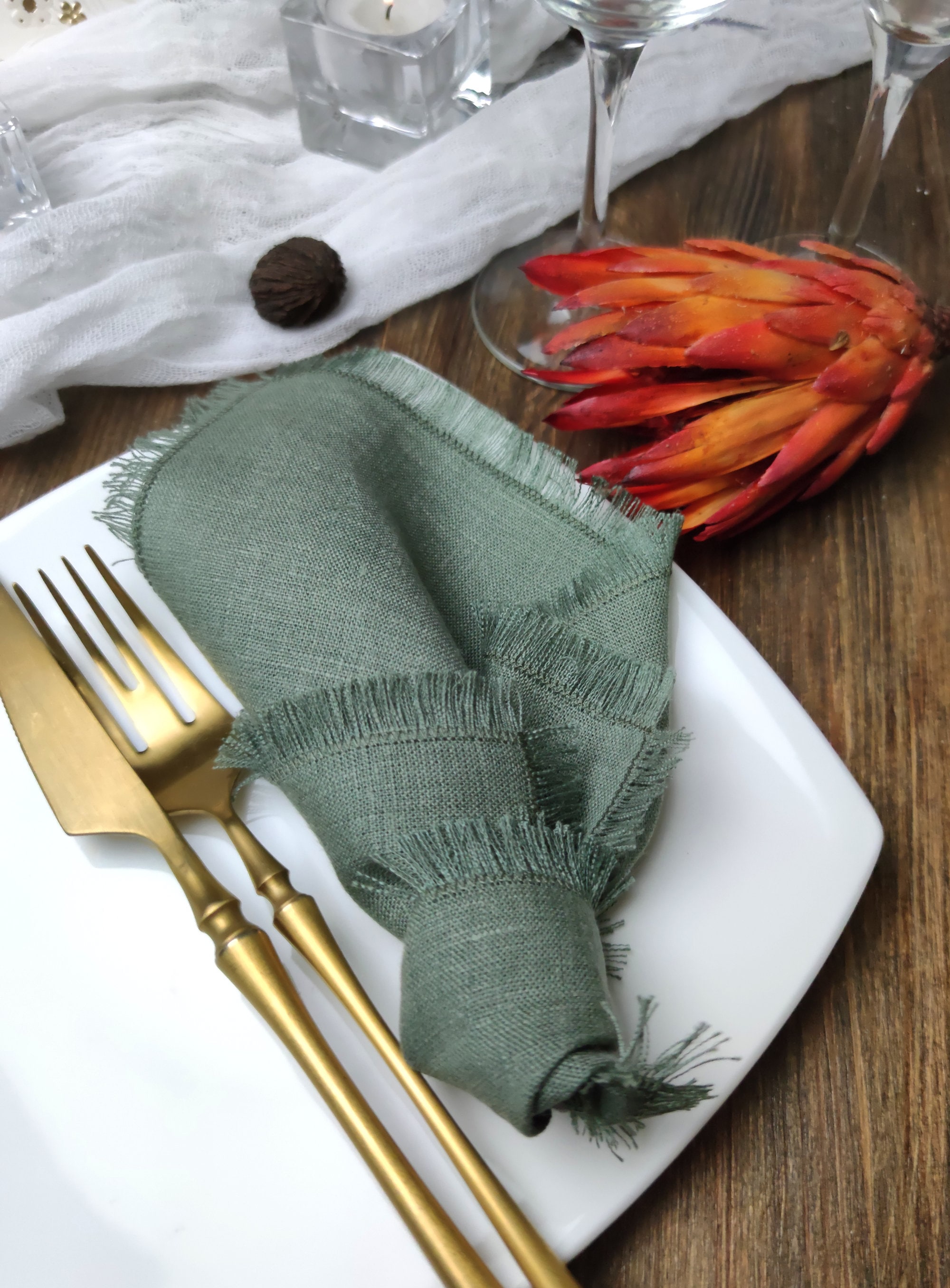 Linen napkin bulk Dark sage green fringed linen napkins Etsy