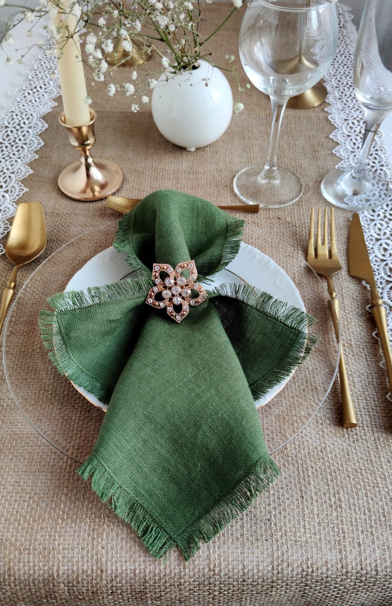 Linen napkin bulk, Moss green cloth dinner napkins, Natural softened fringed linen napkins, Wedding napkins LN 156 image 6
