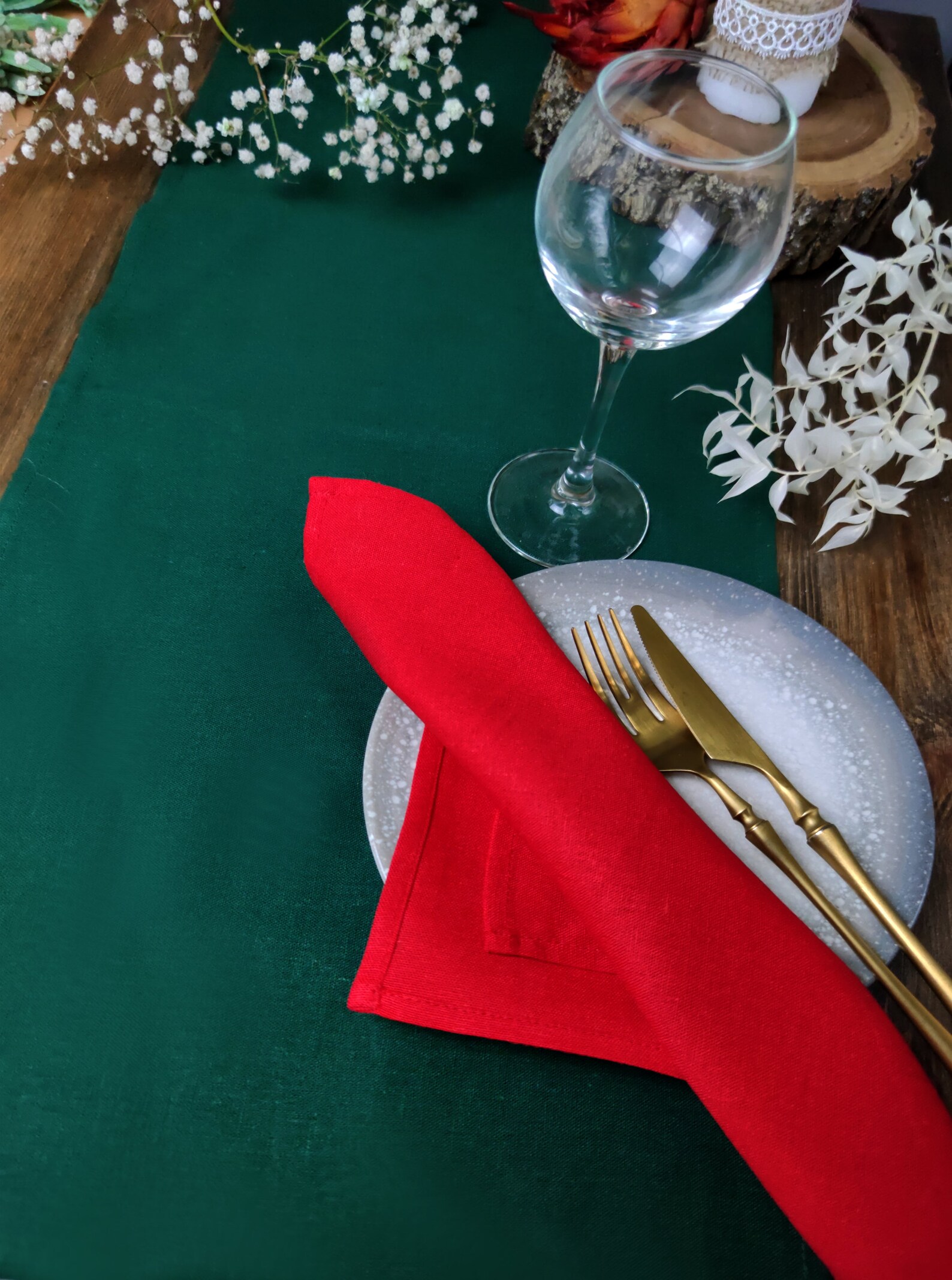 Napkins Dark Green, Cloth Napkin Set, Linen Viskose Napkins, Holiday