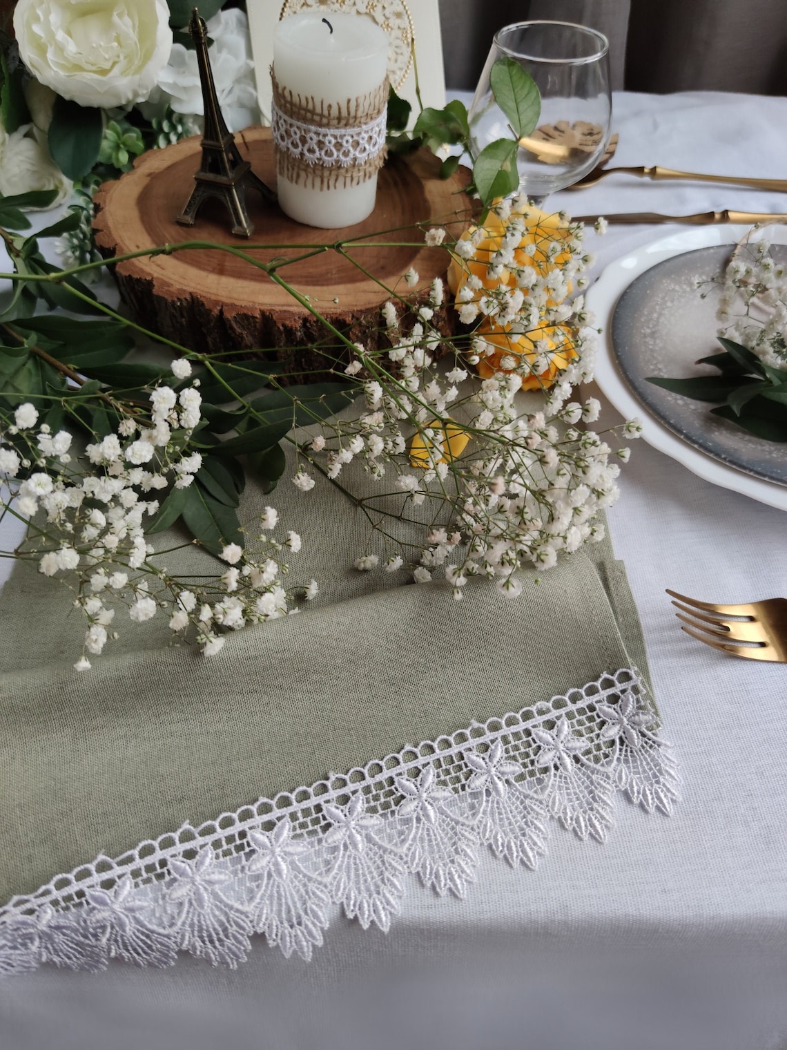 Sage Green Table Runner With White Lace Linen Viscose Runner Etsy