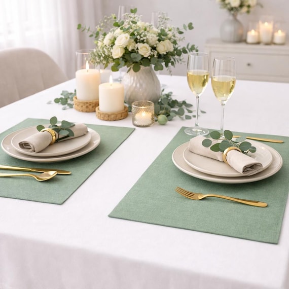 Salbeigrüne Leinen Tischsets, Stoff-Tischsets für das Abendessen, 6er, 8er, 10er, rustikale Bauernhaus-Tischsets für den Hochzeitstisch