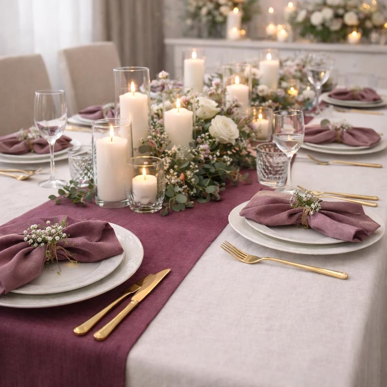 Olive green linen table runner, Rustic Wedding long table runner. Boho table centerpiece image 15