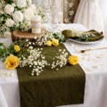 Olive green linen table runner, Rustic Wedding long table runner. Boho table centerpiece