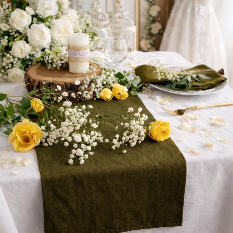 Olive green linen table runner, Rustic Wedding long table runner. Boho table centerpiece image 1