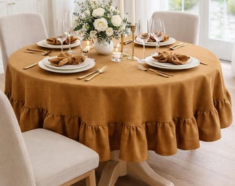 Golden linen tablecloth with ruffles, Round or rectangle custom size table cloth, Farmhouse boho table cover for wedding table decor