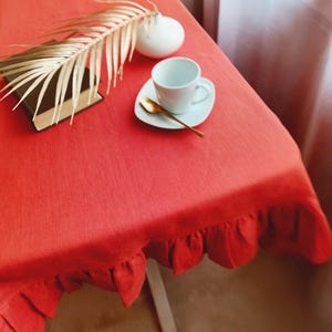 Linen tablecloth for kitchen decor, Custom size cloth in rectangle, oval, or round Sage green boho table cloth Large tablecloth with ruffles image 10