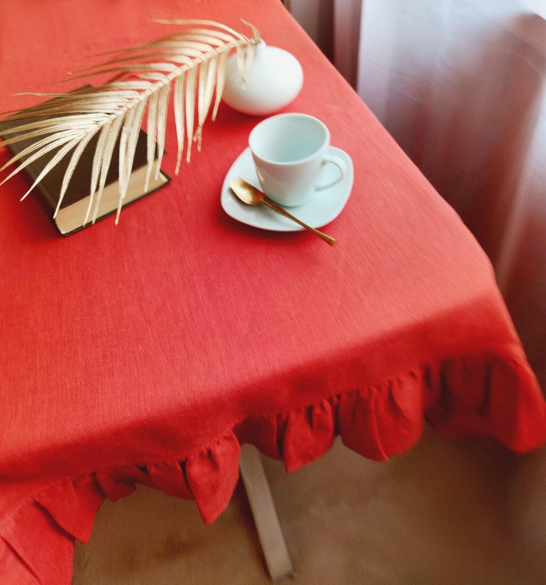 Linen tablecloth for kitchen decor, Custom size cloth in rectangle, oval, or round Sage green boho table cloth Large tablecloth with ruffles image 10