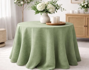 Sage green round tablecloth Wedding, Washed linen table cloth 40 colors, Rectangular square, oval and round  tablecloth, Custom size