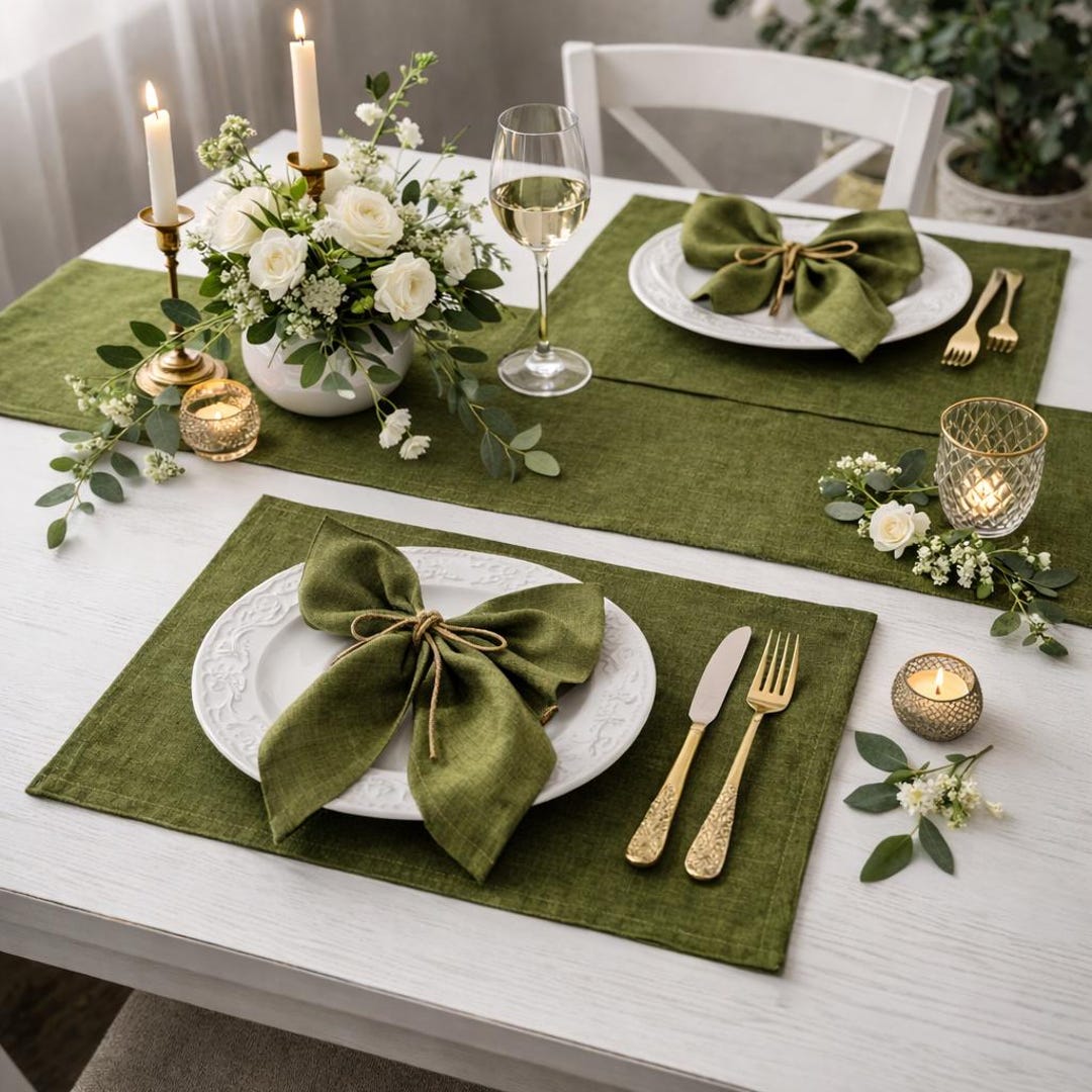 Olivgrüne Leinen Tischsets, Natürliche Stoff Tischsets Set von 2, 4, 8, 10 für Hochzeitstisch Dekor, Tischsets rustikale Wohndekor