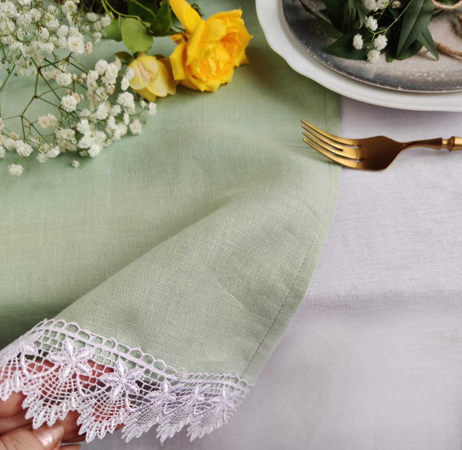 Sage Green Linen Table Runner With White Lace Linen Table Etsy