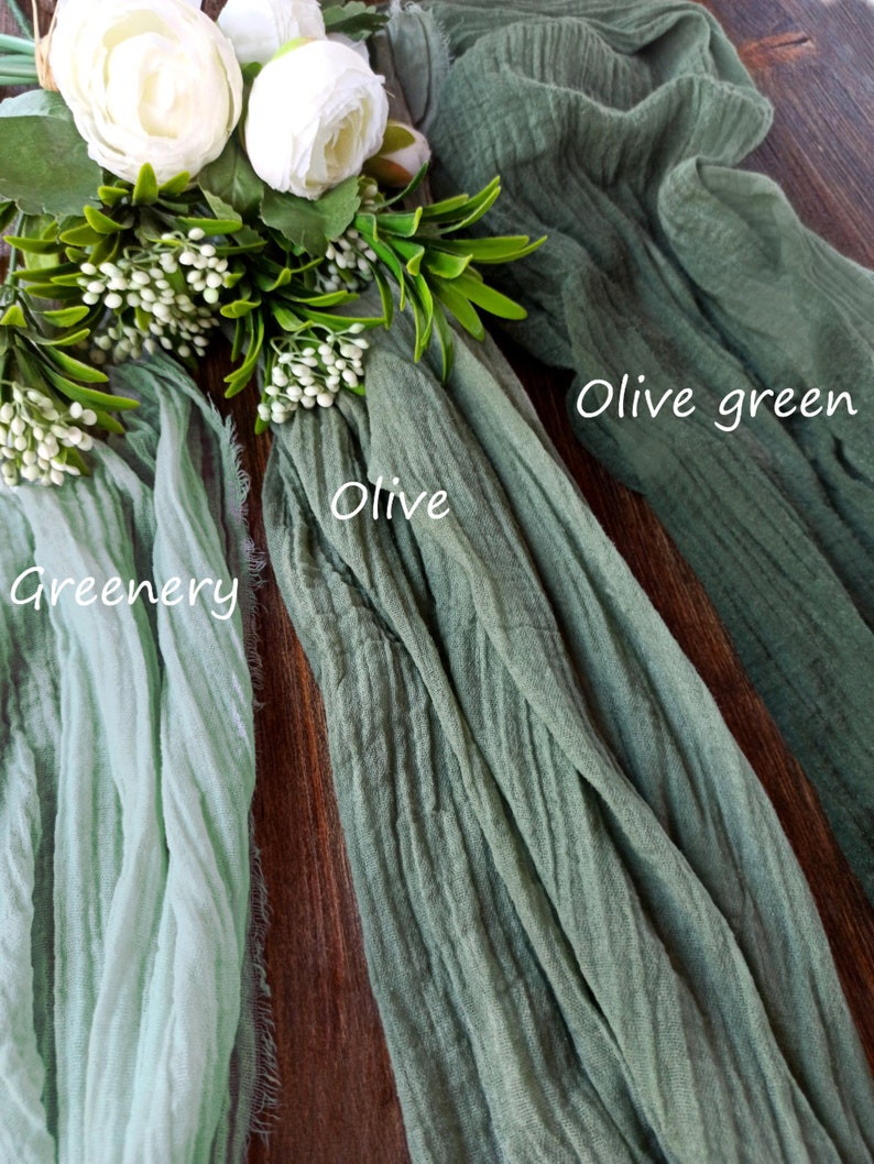 Gauze table runner wedding, Greenery Olive green wedding decor for table centerpiece, Aisle runner wedding, Rustic wedding decor RU-105 image 1