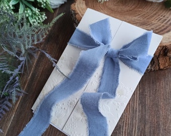 Wedding ribbon invitation, Dusty blue soft cotton ribbon, Ribbon for bouquet, Hand torn ribbon