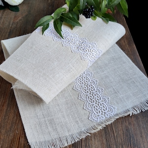 Ivory burlap table runner with white lace, Burlap runner for tabletop, Wedding table runner fringed