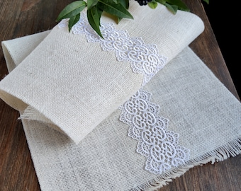 Ivory burlap table runner with white lace, Burlap runner for tabletop, Wedding table runner fringed