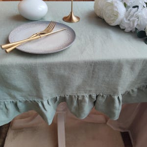 Linen tablecloth for kitchen decor, Custom size cloth in rectangle, oval, or round Sage green boho table cloth Large tablecloth with ruffles image 2